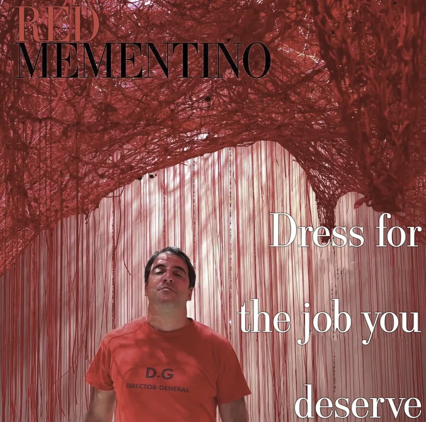 Scarlet Eurocrat, the saturated, concerned red somewhere between diplomatic ceremony and political urgency. Maison Schuman captures a playful mix of tangled threads, meme touches, and art installations, redefining the way a t-shirt tells its story.