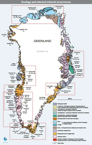 A geological map of Greenland. Nobody really knows what is hiding under the ice that covers 80% of the island. But we might soon find out because of the consequences of global warming.