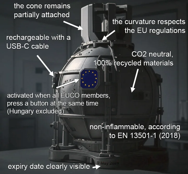 Basic features of the EU atomic bomb, known officially as High-Energy Yield Kinetic-Disruption Ordnance (HEY-KDO)